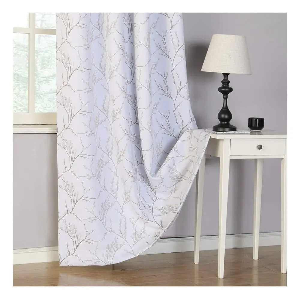 Brown‎ Branch Pattern Room Darkening White Window Curtains 63 Inch 2 Panels